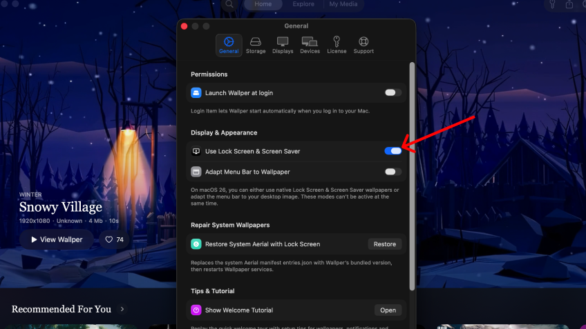 Enable Lock Screen & Screensaver in Wallper settings